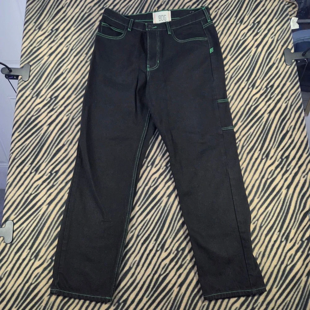 BDG Urban Outfitters Black Carpenter Jeans Green Contrast Stitch Straight 32x32